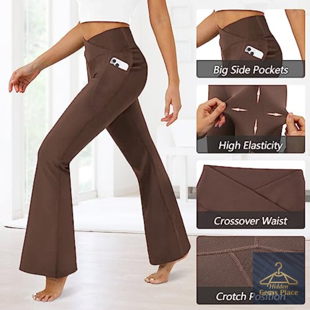 High Waisted Flare Leggings with Pockets Tummy Control Yoga Pants - Picture 5 of 6